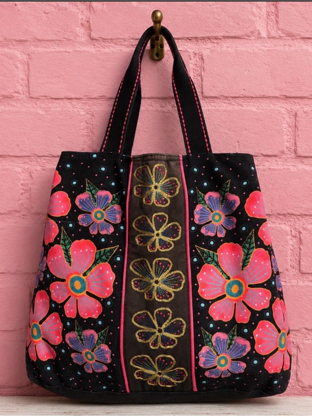 Laurel Burch Santa Fe Flowers Canvas Tote Bag with Pink Accents